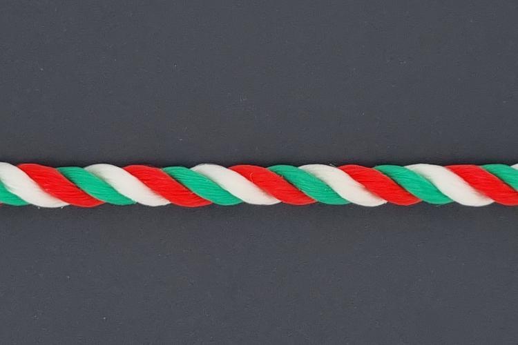 Fanartikel Seidenkordel 3 farbig - Meterware, Durchmesser von ca 5,5 mm, grn / weiss / rot , Lnge per cm