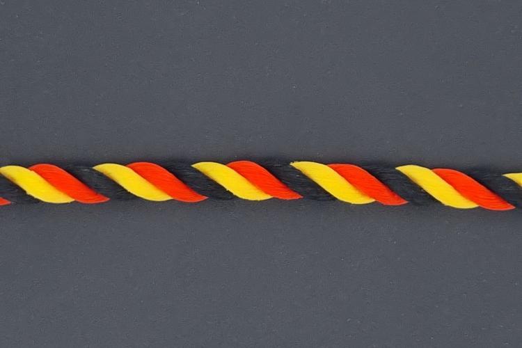 Fanartikel Seidenkordel 3 farbig - Meterware, Durchmesser von ca. 5,5 mm, schwarz / rot / gelb , Lnge per cm