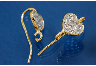 earhook heart shape plate 925/- silver gold plated with integreated pendant loop and 11 cubic zirconia setted