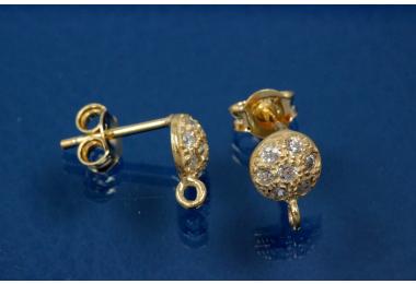 ear pin half cup shape with clutches 925/- silver gold plated with integreated pendant loop and 7 cubic zirconia setted
