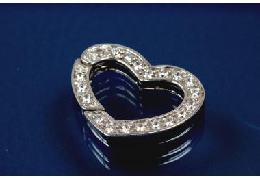 Chain shortener 925/- Silver rhodium plated polished with 19 stone setted, caca.20x15x3,5mm heart shape