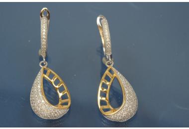 Earring with leverback 925/- silver approx sizes H 39,0mm incl. with security leverback, B 13,5mm rhodium plated / partially gold plated with Zirconia.