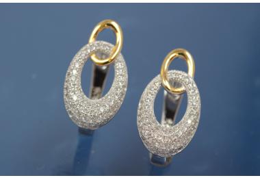 Earring two oval 925/- silver approx sizes H20,5mm, B11,5mm rhodium plated / partially gold plated with Zirconia with security leverback