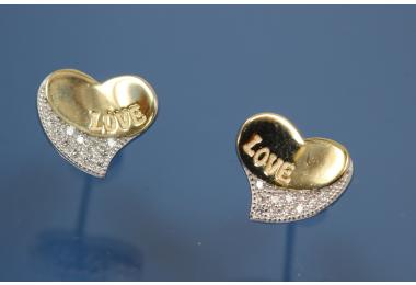 Ohrstecker mit Herz und LOVE Gravur 925/- Silber ca. Mae H10,0mm, B11,5mm rhodiniert / teilvergoldet mit Zirkonia.