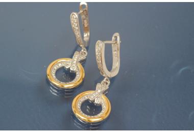 Earring with leverback 925/- silver approx sizes H 35,0mm incl. with security leverback, B 14,0mm rhodium plated / partially gold plated with Zirconia.
