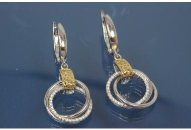 Ohrhnger mit drei Ringen 925/- Silber ca. Mae H37,5mm incl. polierter Brisur, B18,0mm rhodiniert / teilvergoldet .