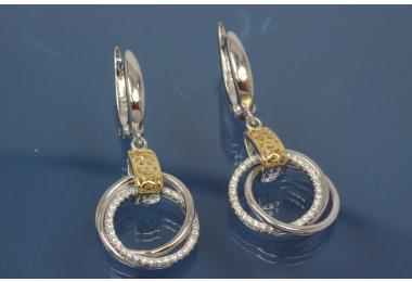 Earring with Rings 925/- silver approx sizes H 37,5mm, B 18mm rhodium plated / partially gold plated with Zirconia with security leverback