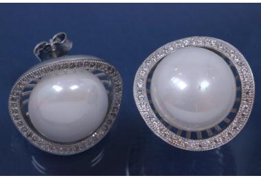 Earrings approx size 17,5 x 17,5mm, 1x Shell-Pearl white ca.10,0mm, with ca.Cubic Zirconia, polished, 925/- Silver rhodium plated