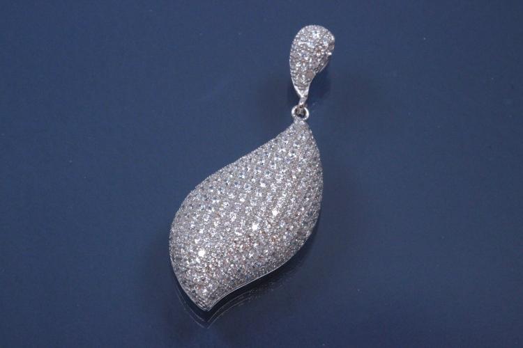 Pendant Leave shape polished, 925/- Silver rhodium plated with Zirconia,