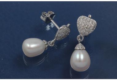 Earring with heart cubic cirkonia, 1 x white FWP 7,5mm. 925/- Silber,rhodium plated. Length 22,5mm, wide 6,5mm,