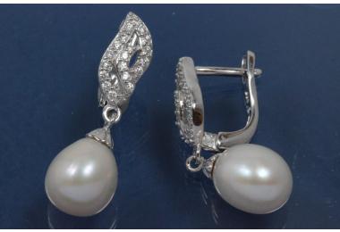 Earring with post 925/- Silber,rhodium plated. Length 27,0mm, wide 8,0mm, cubic cirkonia, 1 x 8mm white FWP.
