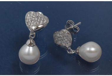 Ohrstecker Herz mit Perle, funkelnden facettierten Zirkonia und 1 x weien SWP 7,5mm, 925/- Silber, rhodiniert ca. A21,0mm, B9,0mm