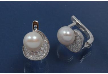 Earring with post and leaf 925/- Silber,rhodium plated. Length 12,2mm, wide 10,7mm, cubic cirkonia, 1 x white FWP 7,5mm.