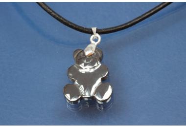 Necklace, leather cord 2mm, with Hematite pendant bear, length adjustable 32cm to 60cm