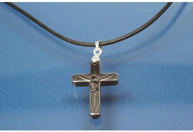 Necklace, leather cord 2mm, with Hematite pendant cross with Christ, length adjustable 32cm to 60cm