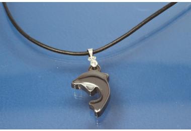 Necklace, leather cord 2mm, with Hematite pendant dolphin, length adjustable 32cm to 60cm