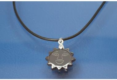 Necklace, leather cord �2mm, with Hematite pendant sun, length adjustable 32cm to 60cm