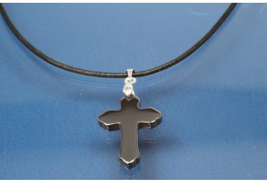 Necklace, leather cord 2mm, with Hematite pendant cross, length adjustable 32cm to 60cm
