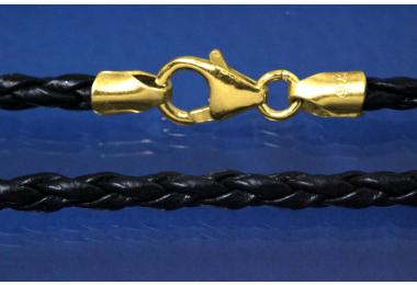 Lederkordel-Collier 3mm, mit Karabiner 925/- Silber vergoldet, Lnge 50cm