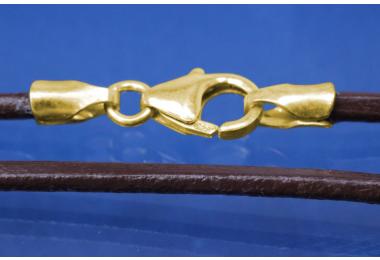 Collier, Lederschnur rund braun 2mm, mit Karabiner 925/- Silber vergoldet, Lnge 40cm