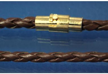 Braided Leather Cord necklace 3,5mm, with magnetic bayonet clasp gold color, length 45cm