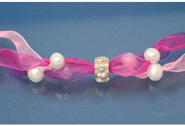 Organza-Collier 3rhg. magenta / amethyst / dunkelblau mit S��wasserperlen und Clips, L�nge ca. 70cm