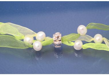 Ribbon necklace 3-rows jade green / lemon / neon yellow with freshwater pearls and clips, length ca. 70cm