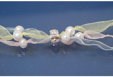 Organza-Collier 3rhg. zitronengelb / lachs / grau mit S��wasserperlen und Clips, L�nge ca. 70cm