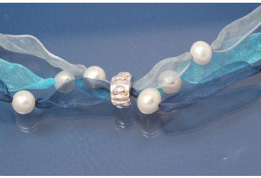 Organza-Collier 3rhg. dunkelblau / hellblau / grau mit S��wasserperlen und Clips, L�nge ca. 70cm