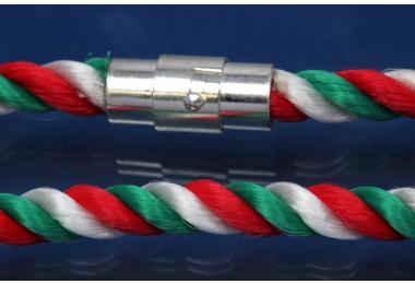 Bracelet, Silk Cord Italy (green/white/red) 6mm, with magnetic bayonet clasp silver color, length 16cm