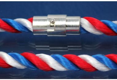 Necklace, Silk Cord France (blue/white/red) 6mm, with magnetic bayonet clasp silver color, length 45cm