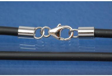 Kautschuk-Collier 2mm, 925/- Silber Karabiner. L45cm