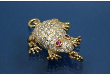 Klick-Fix Schliee Frosch ca. 18x16mm, 925/- Silber vergoldet mit Zirkonia