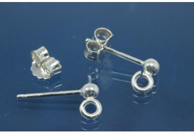 Kugelstecker  3mm mit offener se und Ohrmutter 925/-Silber