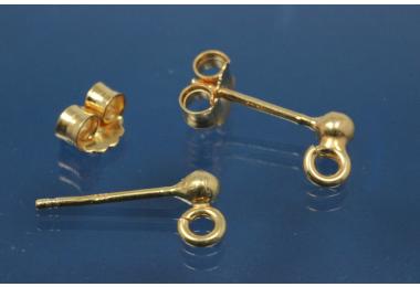 Kugelstecker  3mm mit offener se und Ohrmutter 925/-Silber vergoldet
