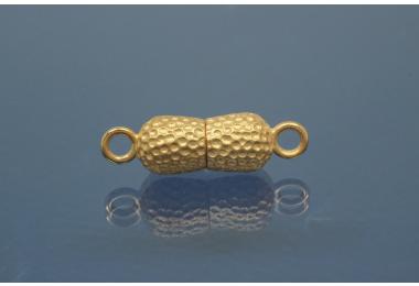 Magnetschliee Doppelkugel lang, Mae ca. 6,5x22,5mm  Nuggetoptik 925/- Silber vergoldet mattiert
