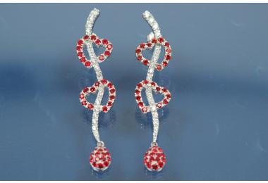 Earring Hearts & Teardrop 925/- Silver rhodium plated with Cubic Zirconia white/red, Width ca. 12,7mm, Length ca. 62,5mm,