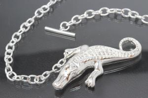 Collier Krokodil plastisch hohl 925/- Silber mit Rundankerkette und Knebelverschlu