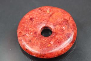 sponge coral pendant pressed red donut size  40mm, 6mm thickness, hole inside  ca. 7,5mm