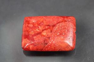 sponge coral pendant pressed red rectangular size 38 x 28mm, 7mm thickness, hole  ca. 1,0mm, straight drilled