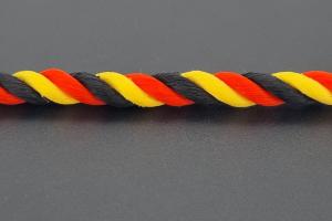 Fanartikel Seidenkordel 3 farbig - Meterware, Durchmesser von ca. 5,5 mm, schwarz / rot / gelb , Lnge per cm