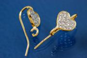 earhook heart shape plate 925/- silver gold plated with integrated pendant loop and 11 cubic zirconia setted