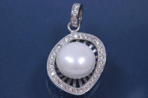 Anhnger in geschwungener Ellipsenform mit Perle und Zirkonia 925/- Silber rhodiniert,