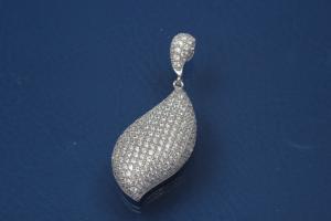 Pendant Leave shape polished, 925/- Silver rhodium plated with Zirconia,