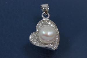 Pendant Heart FWP pearl and Zirconia 925/- Silver rhodium plated,