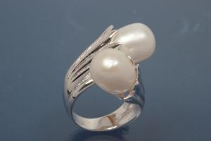 Ring, Lilly Flower Design 925/- Silver with 2x Freshwaterpearl (FWP)