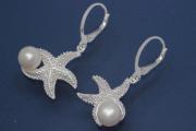 Earring with leverback Seastar and Pearl 925/- Silver polished, approx size high 38mm incl. leverback, wide 22,0mm,  with FW-Pearl approx size 7,5mm.