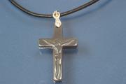 Necklace, leather cord 2mm, with Hematite pendant cross with Christ, length adjustable 25cm to 50cm