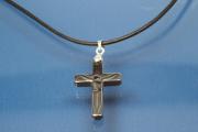 Necklace, leather cord Ø2mm, with Hematite pendant cross with Christ, length adjustable 25cm to 50cm
