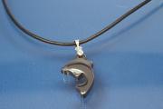 Necklace, leather cord 2mm, with Hematite pendant dolphin, length adjustable 25cm to 50cm